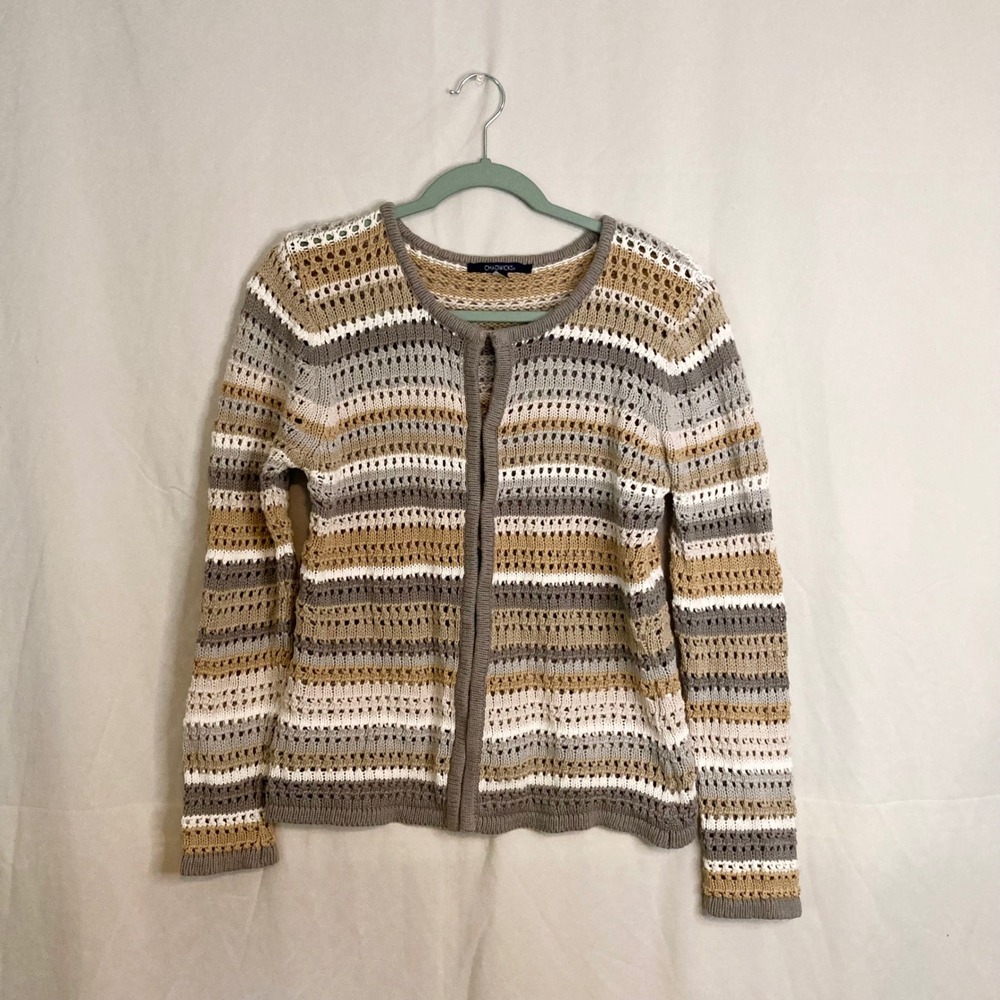 Chadwicks 100% Cotton Open Knit Striped Cardigan Sweater M Neutral Coastal Boho